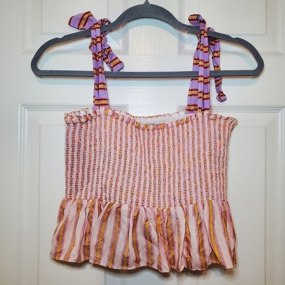 Anthro Dola Chan Mix Stripe Smocked Top In Tahitian Sun Stripe - Tie Strap  Sz L - Picture 2 of 8